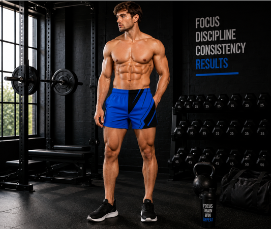 Men's Royal Blue & Black Geometric Jogger Athletic Shorts with Pockets