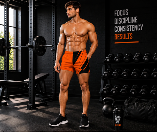 Men's Orange & Black Geometric Jogger Athletic Shorts with Pockets