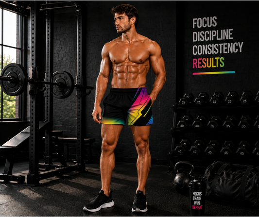 Men's Neon Gradient Black Geometric Jogger Athletic Shorts with Pockets