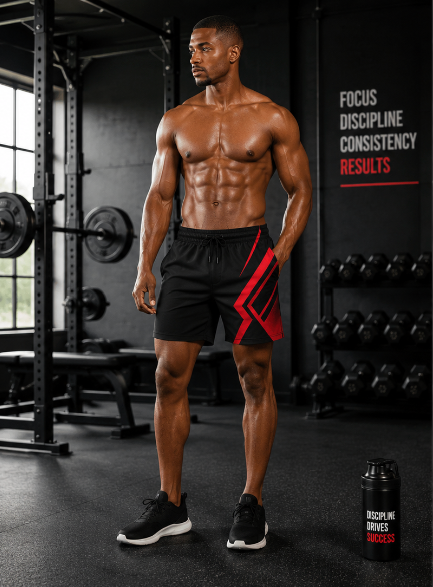 Men's Black & Red Performance Jogger Athletic Shorts with Pockets