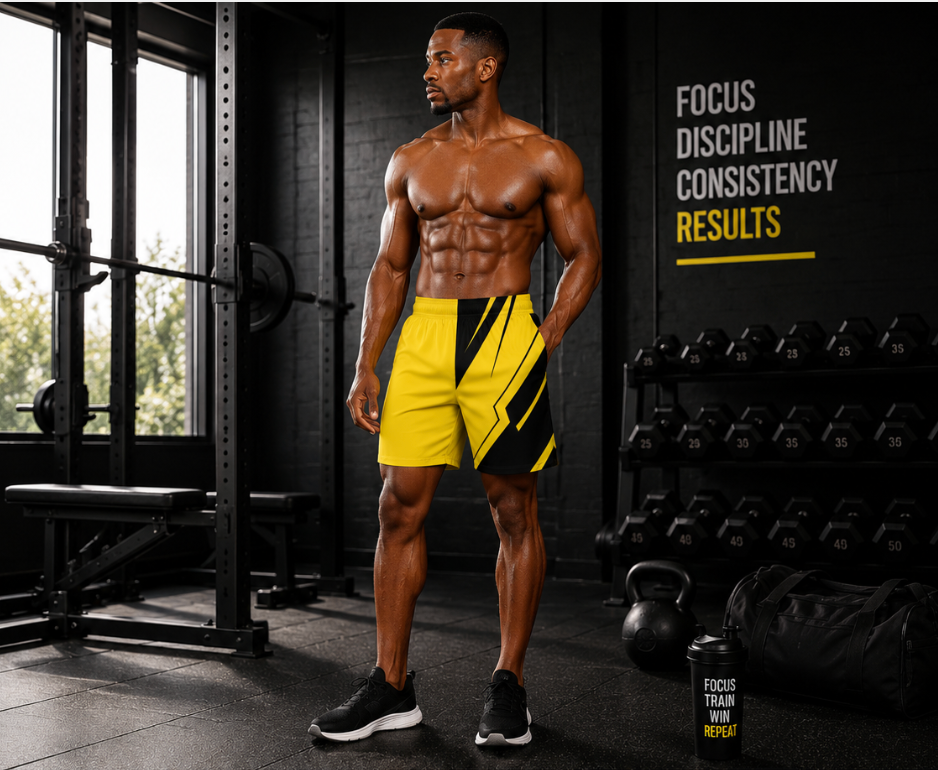 Men's Yellow & Black Geometric Jogger Athletic Shorts with Pockets