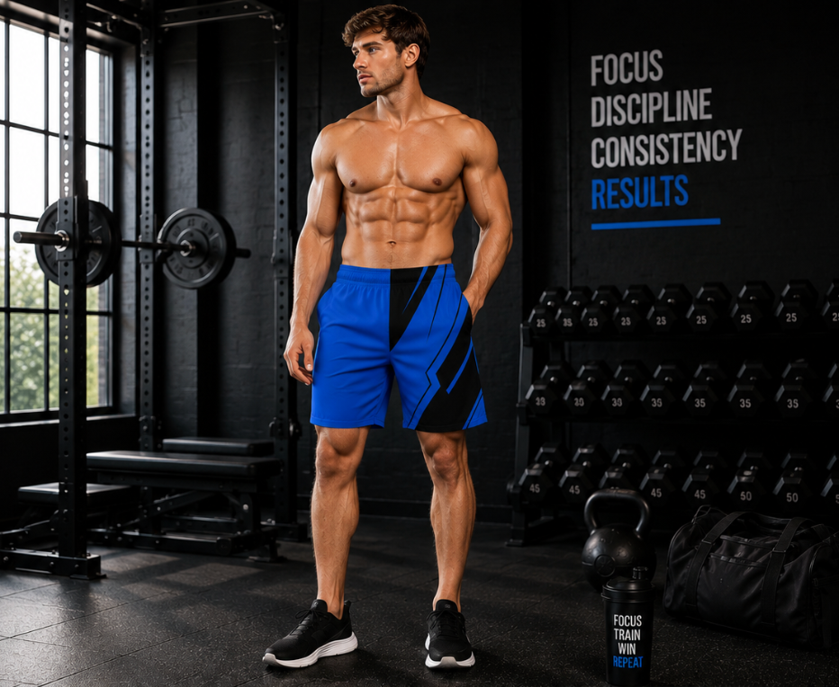 Men's Royal Blue & Black Geometric Jogger Athletic Shorts with Pockets