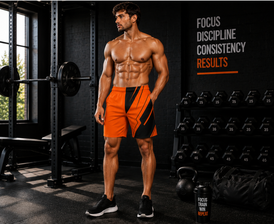 Men's Orange & Black Geometric Jogger Athletic Shorts with Pockets
