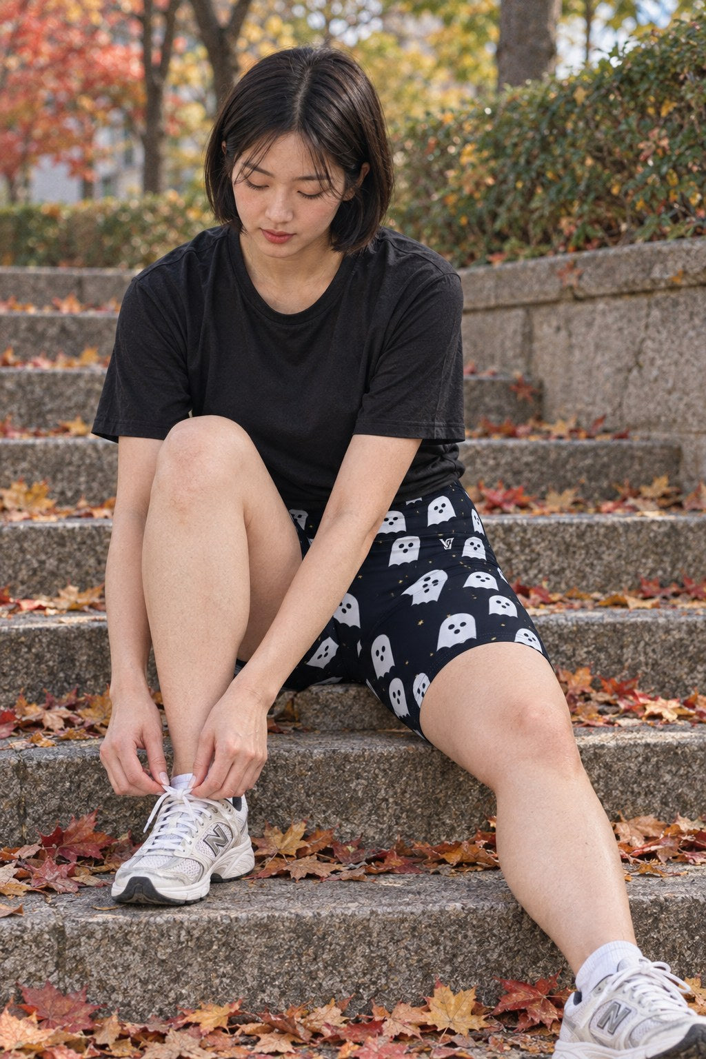 Halloween Ghostly Night Ghost Parade Women's Biker Shorts worn by a model