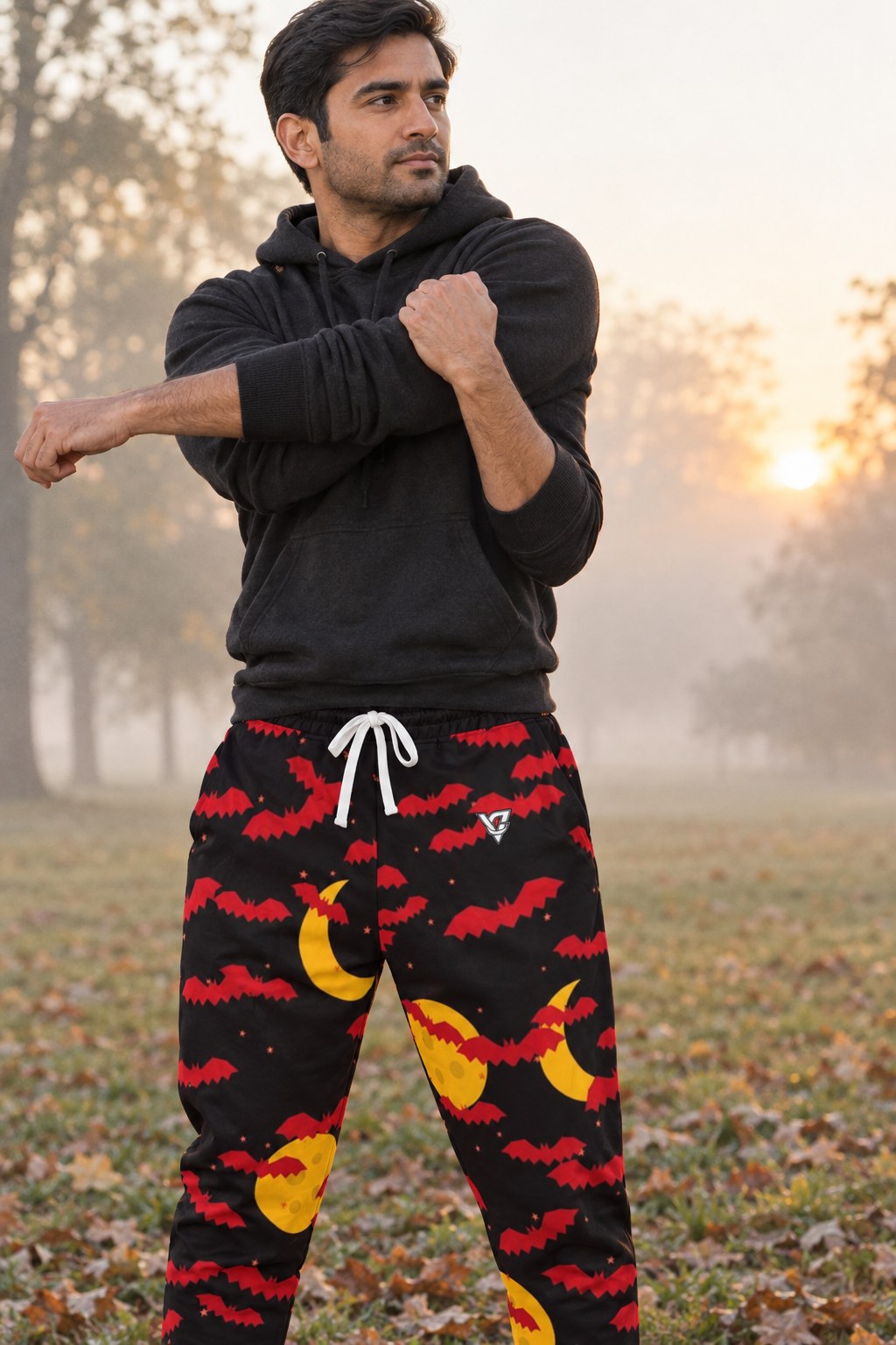 Halloween Blood Moon Bat Swarm Men's Joggers on a model, second view