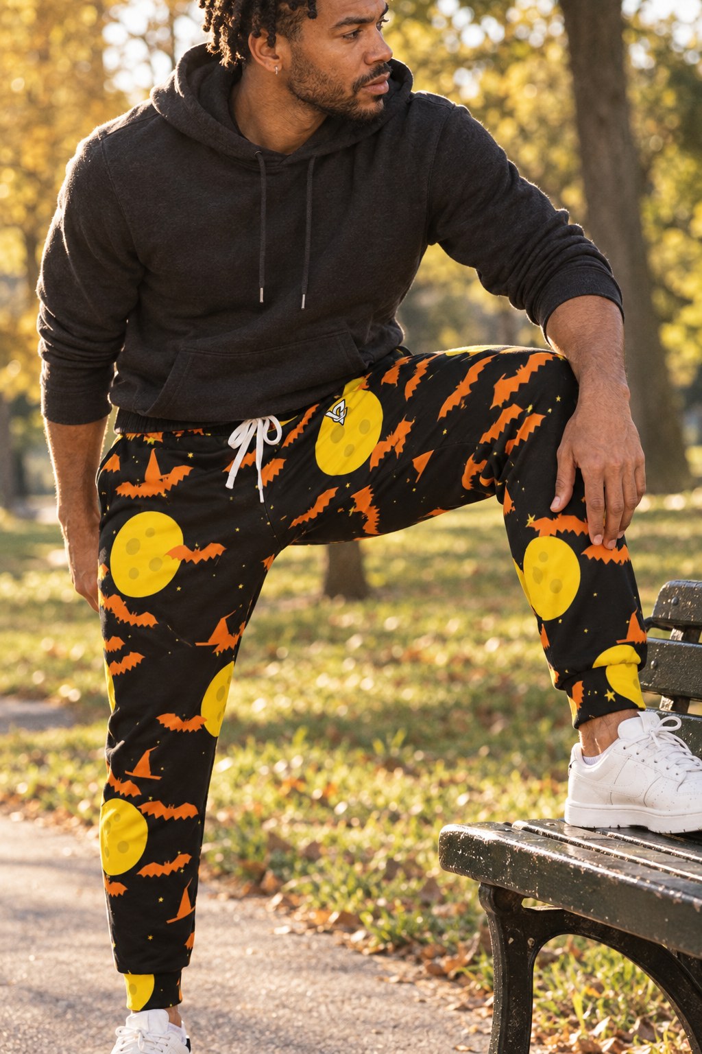 Halloween Candy Corn Haunted Moon Men's Joggers on a model, second view