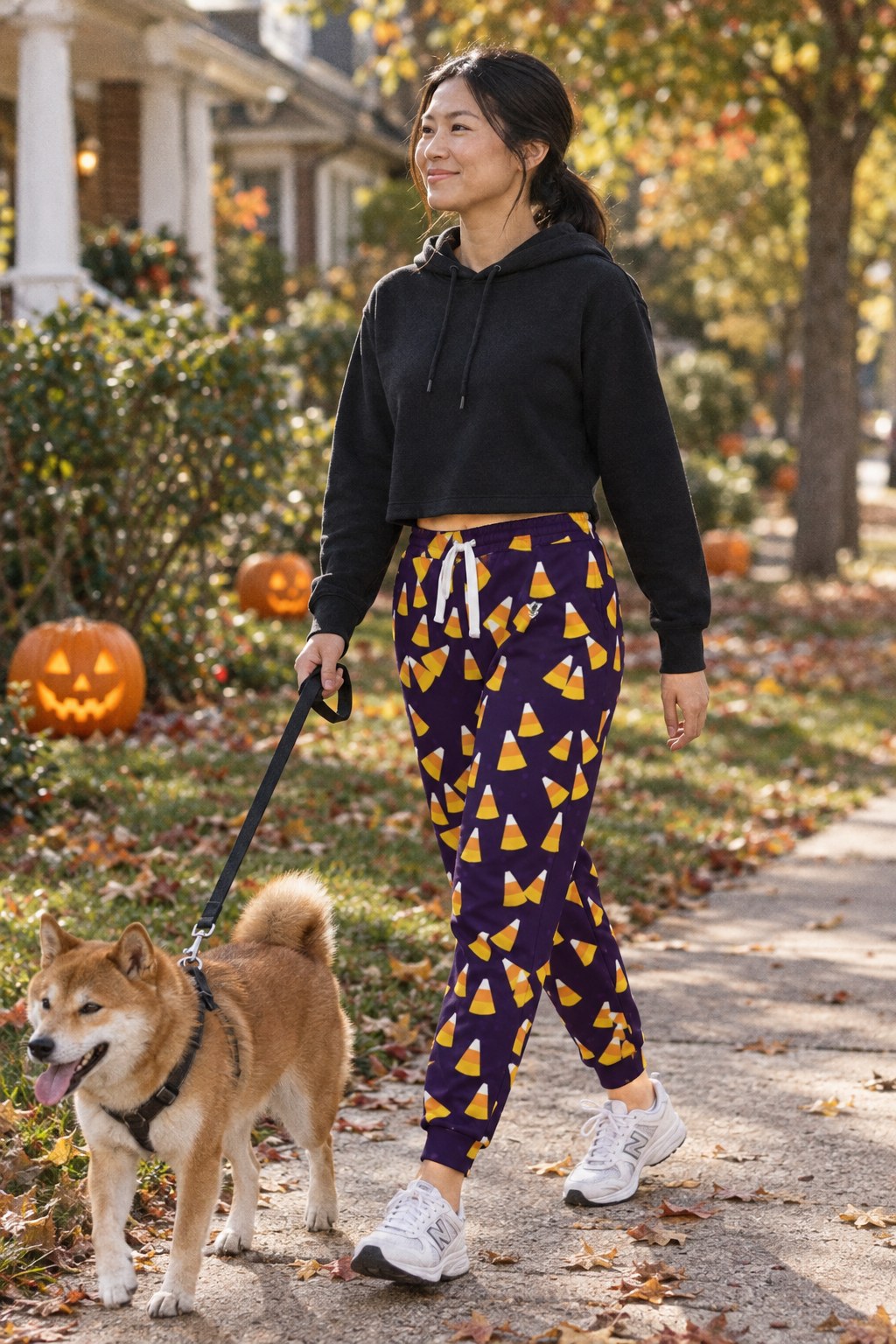Halloween Hocus Pocus Candy Corn Toss Women's Joggers on a model, second view