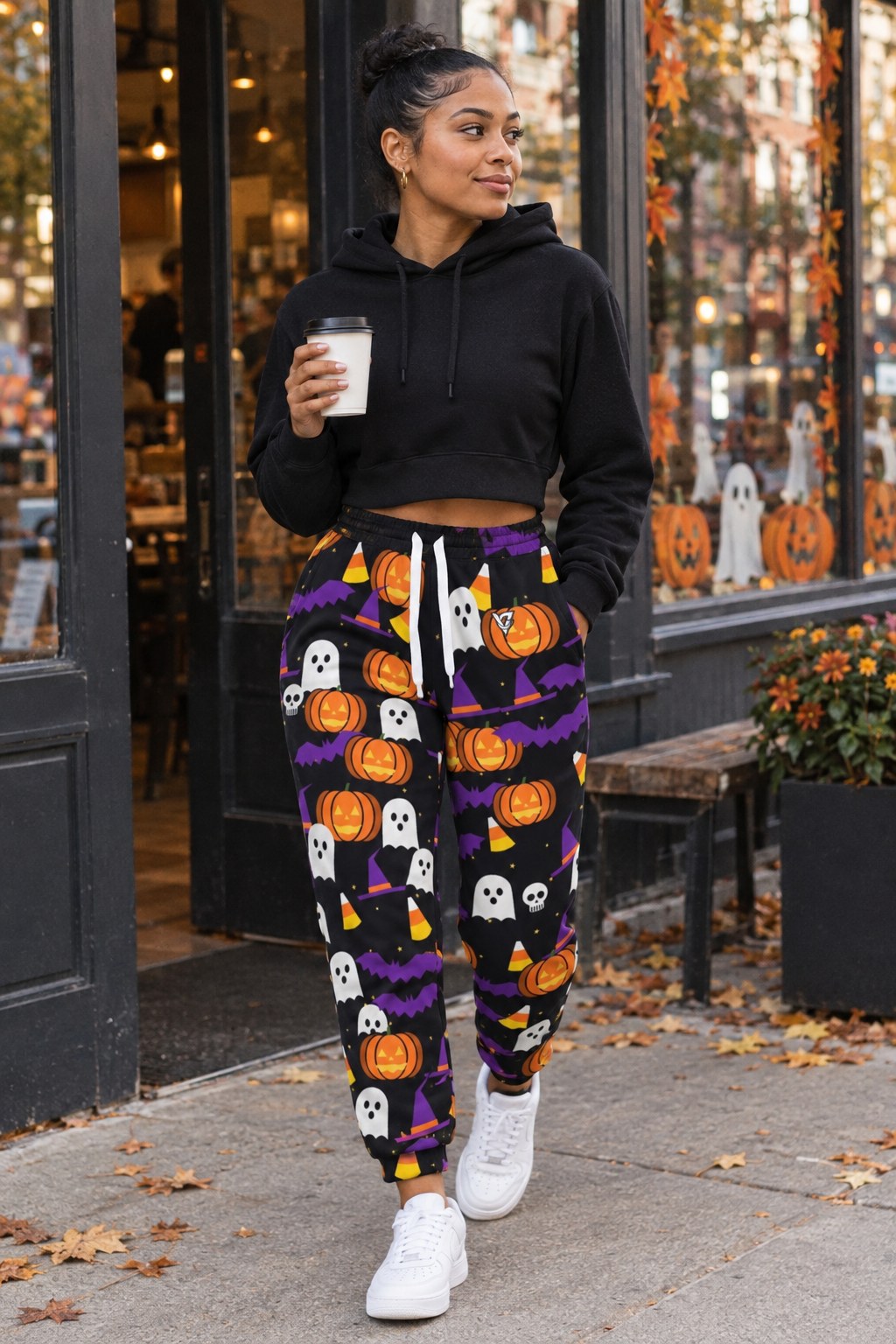 Halloween Midnight Pumpkin Spooky Mix Women's Joggers on a model, second view
