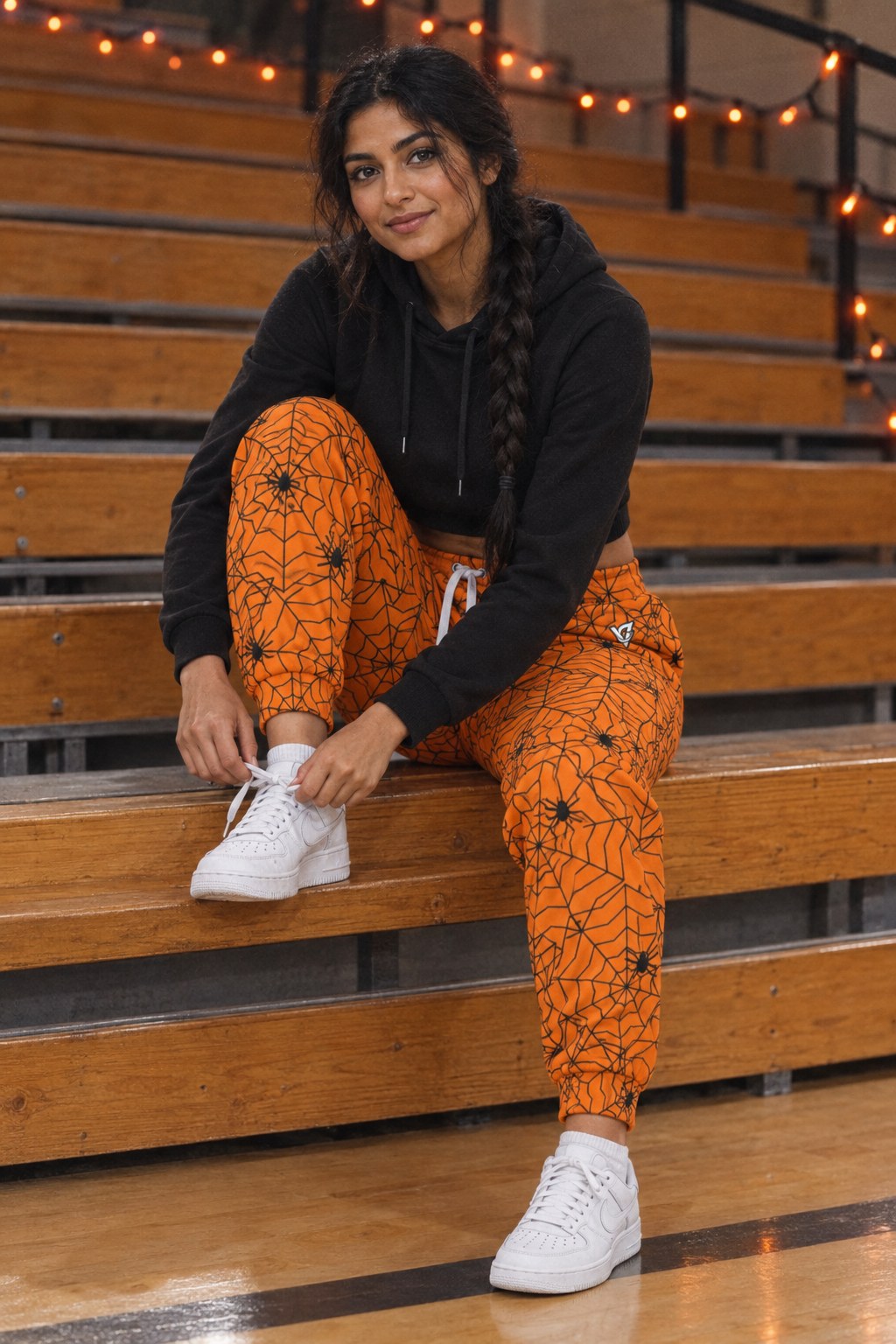 Halloween Pumpkin Orange Spiderweb Women's Joggers worn by a model