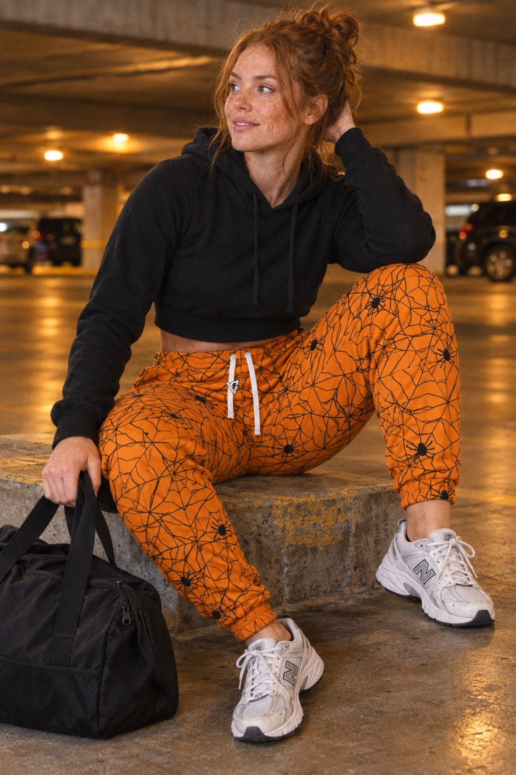 Halloween Pumpkin Orange Spiderweb Women's Joggers on a model, second view