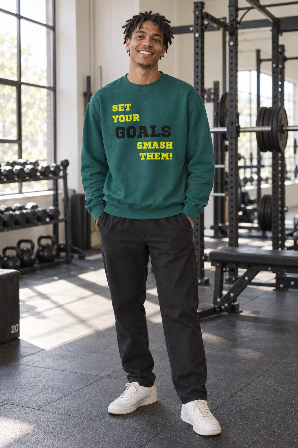 Set Goals | Motivational Crewneck Sweatshirt – front view on a male athlete