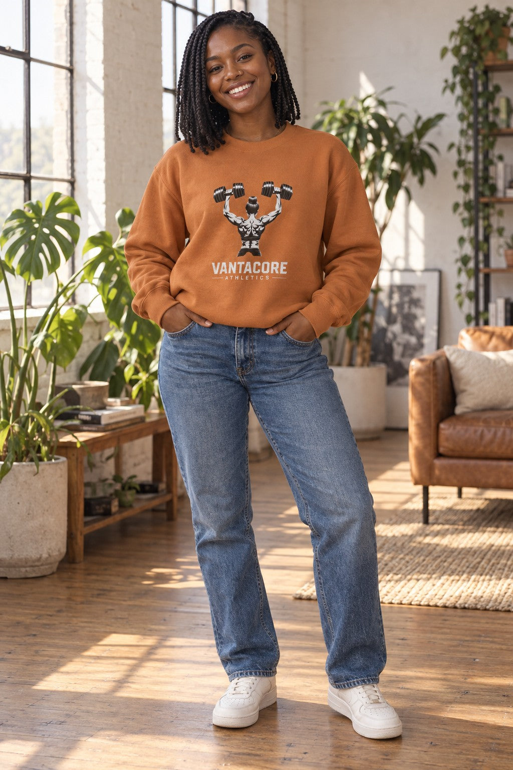 Weightlifting Crewneck Sweatshirt – front view on a female athlete