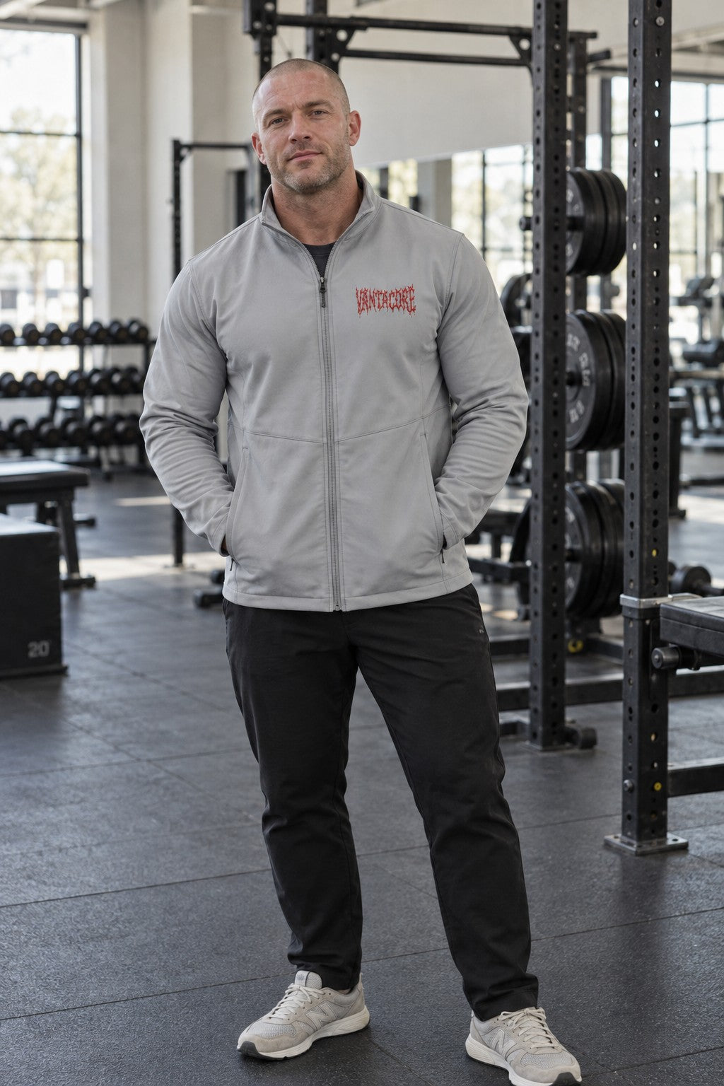 Men's Soft Shell Jacket with Red Floral 'Grateful' Chest Logo – front view on a male athlete