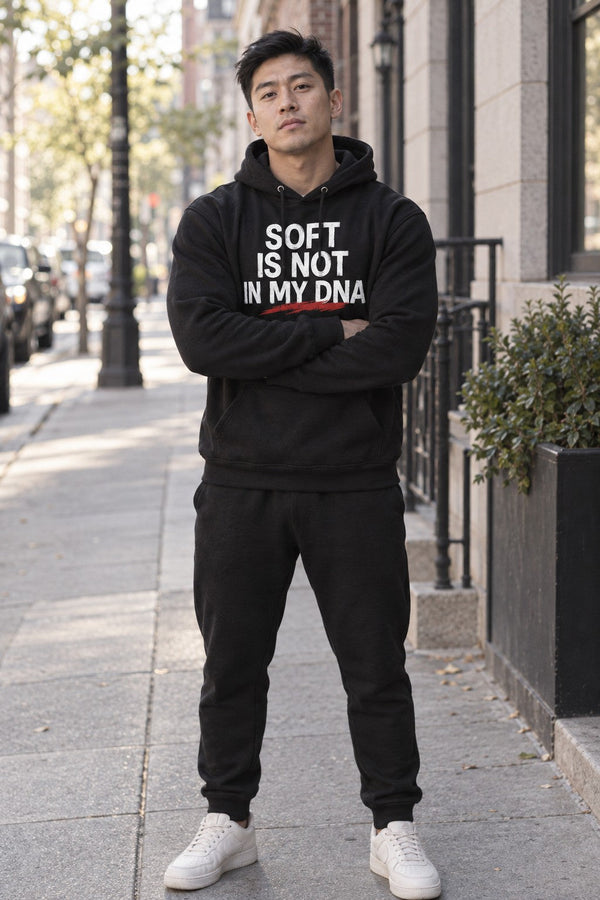 Soft Is Not In My DNA Hoodie — Bold Statement Pullover for Gamers & Fitness Fans
