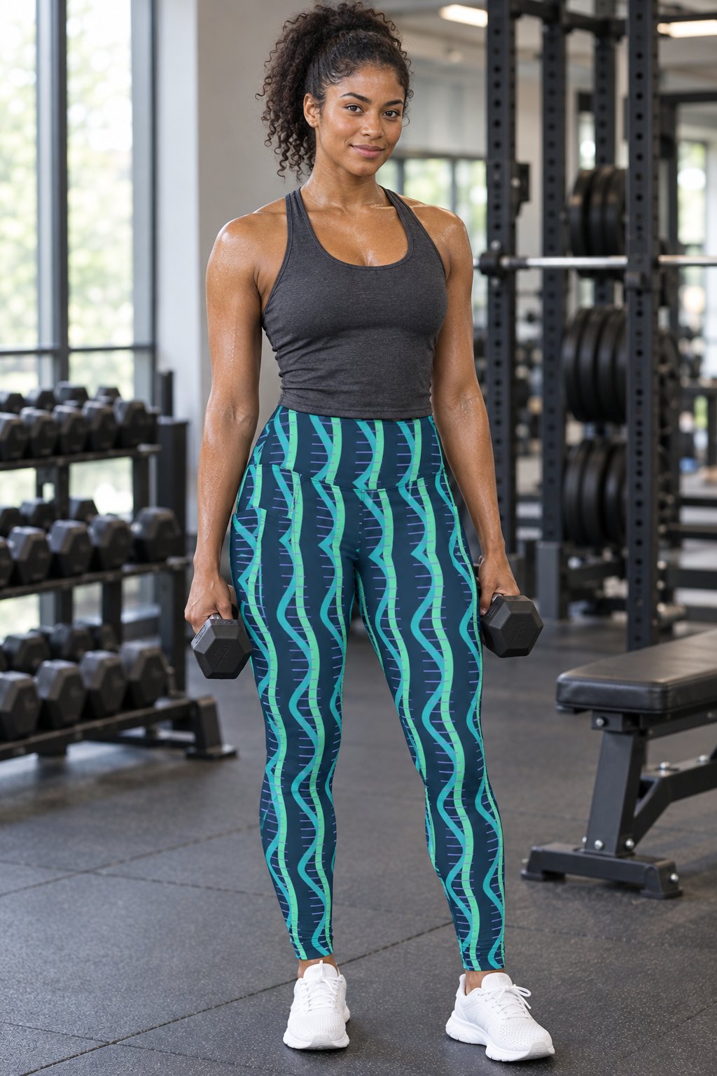 Lagoon Helix leggings with pockets, AI-generated fictional adult model in a gym