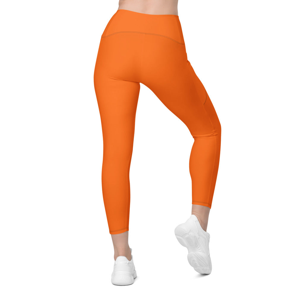 Blaze Orange Essential leggings with pockets, Printful supplier back mockup