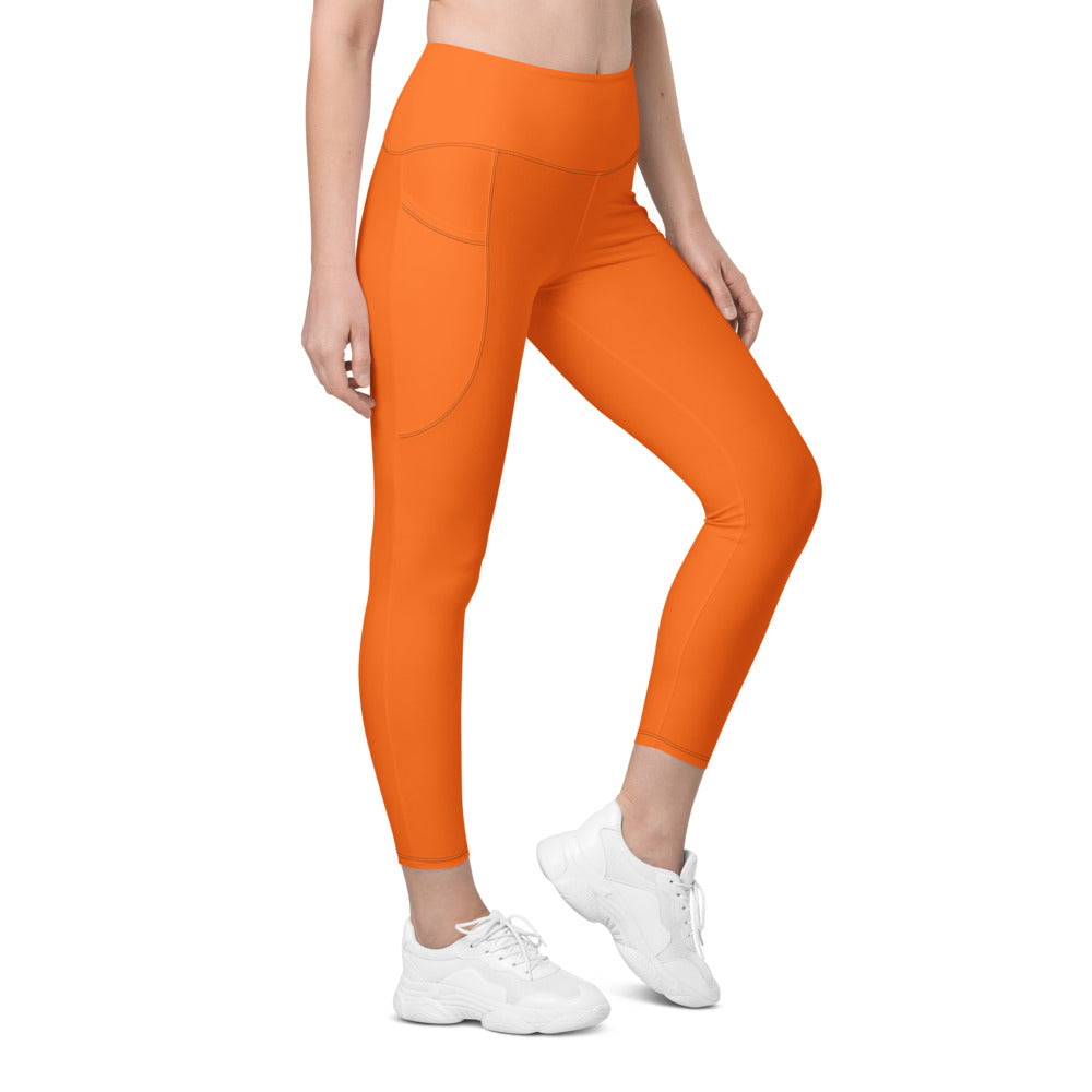 Blaze Orange Essential leggings with pockets, Printful supplier right side mockup