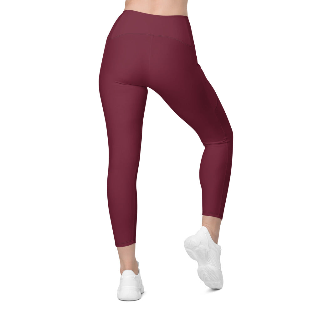 Burgundy Essential leggings with pockets, Printful supplier back mockup