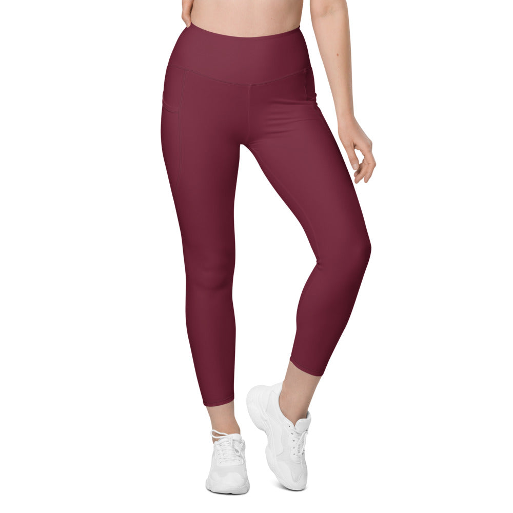 Burgundy Essential leggings with pockets, Printful supplier front mockup