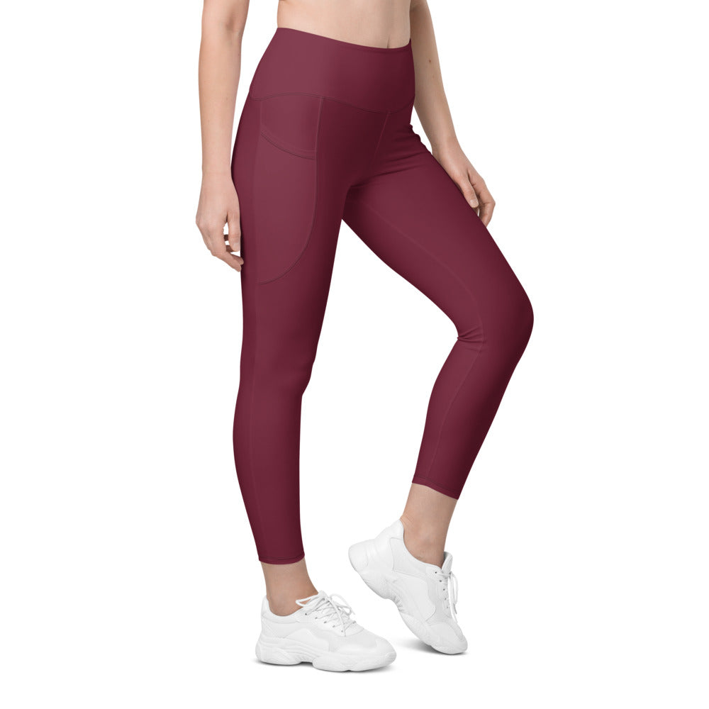 Burgundy Essential leggings with pockets, Printful supplier right side mockup