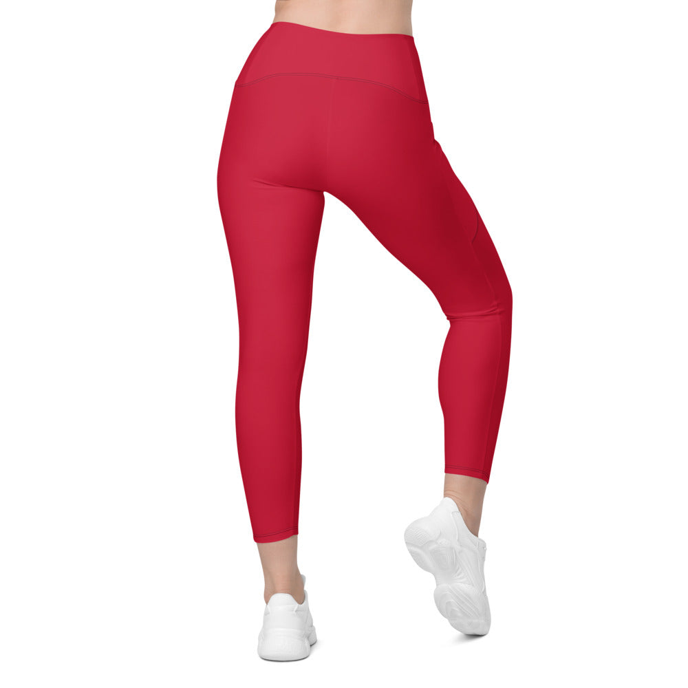 Cherry Red Essential leggings with pockets, Printful supplier back mockup