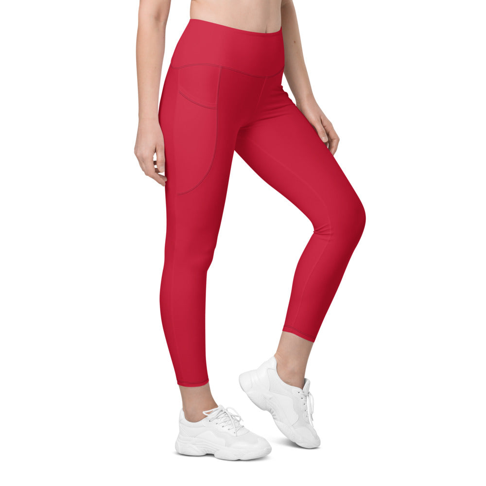 Cherry Red Essential leggings with pockets, Printful supplier right side mockup