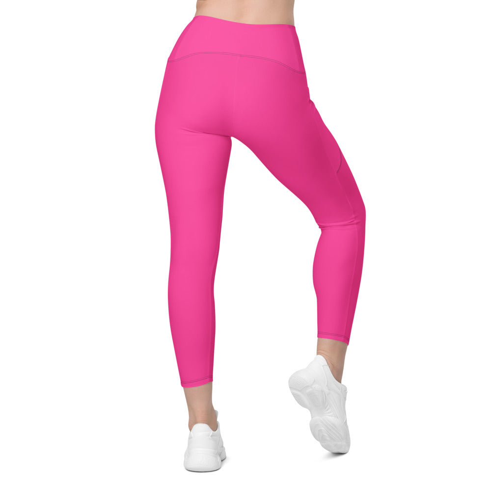 Electric Pink Essential leggings with pockets, Printful supplier back mockup