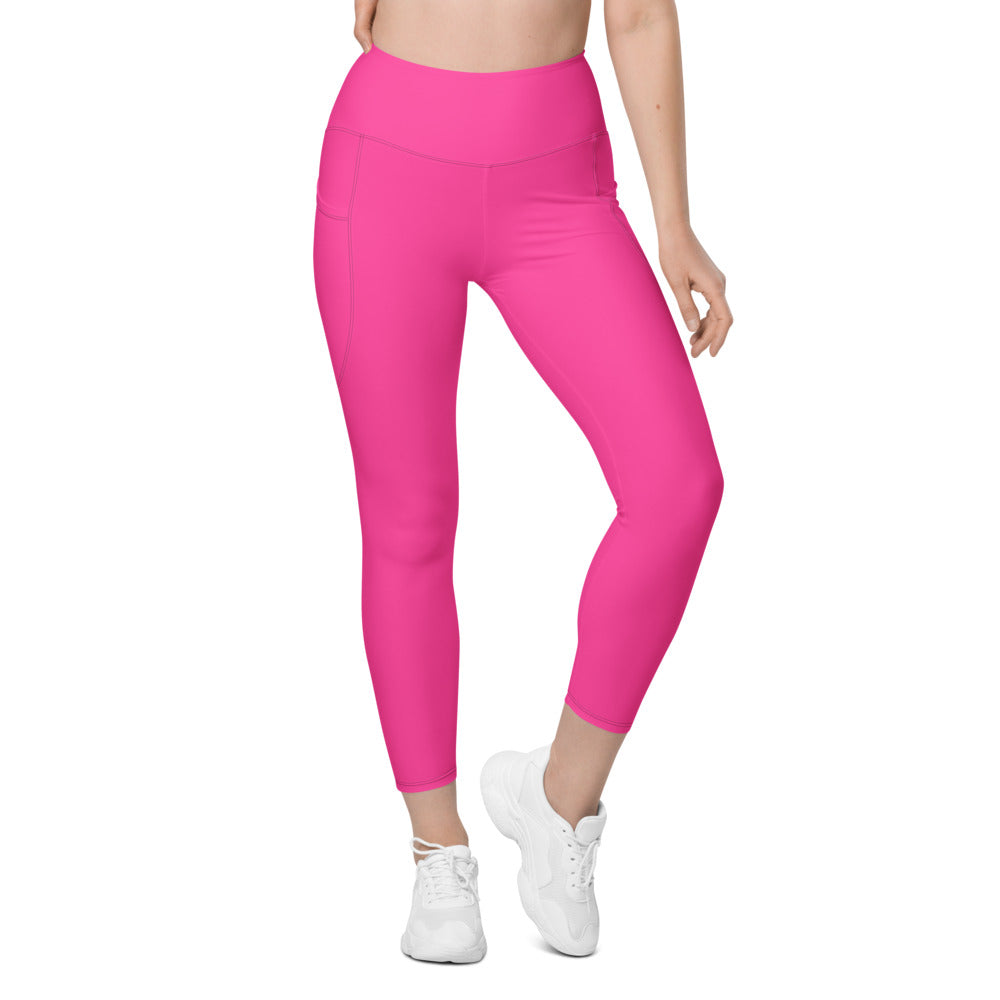 Electric Pink Essential leggings with pockets, Printful supplier front mockup