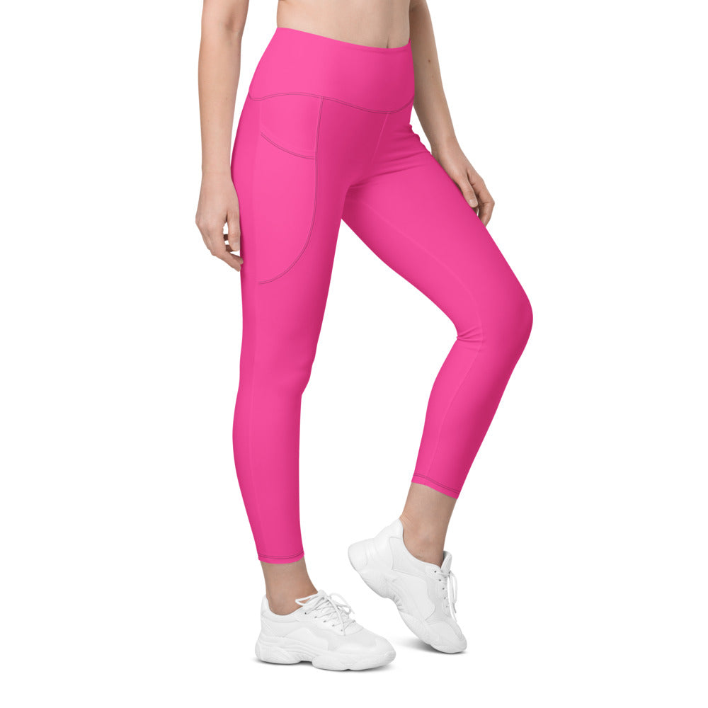 Electric Pink Essential leggings with pockets, Printful supplier right side mockup