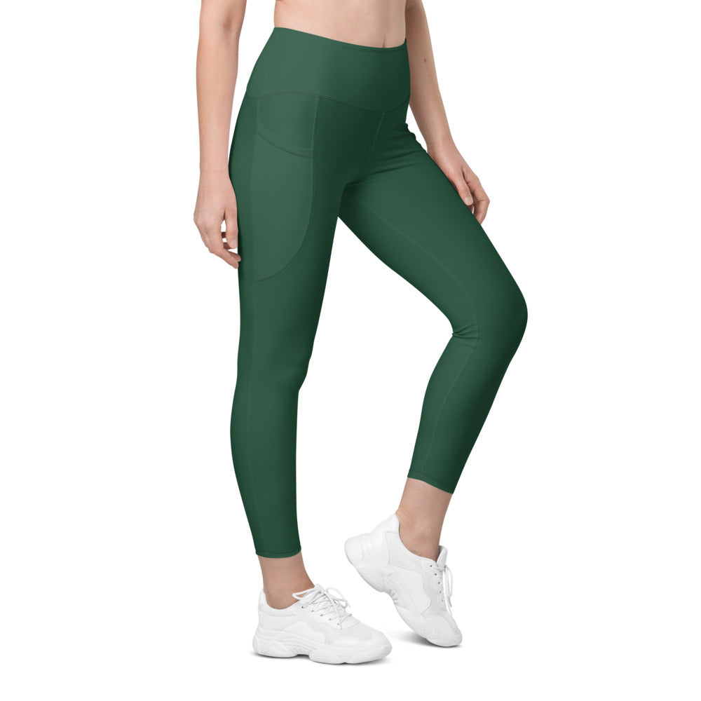 Forest Green Essential leggings with pockets, Printful supplier right side mockup