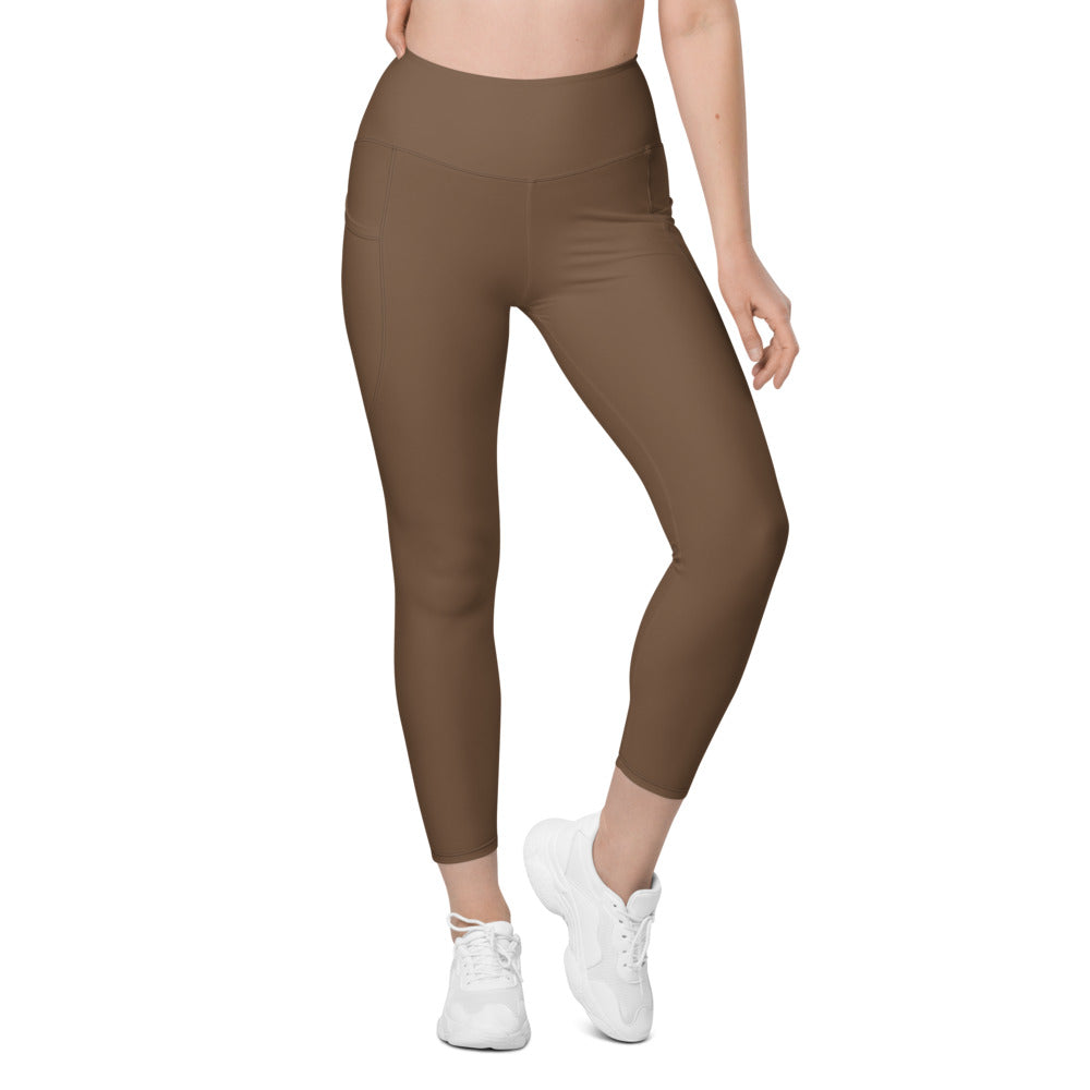 Mocha Brown Essential leggings with pockets, Printful supplier front mockup