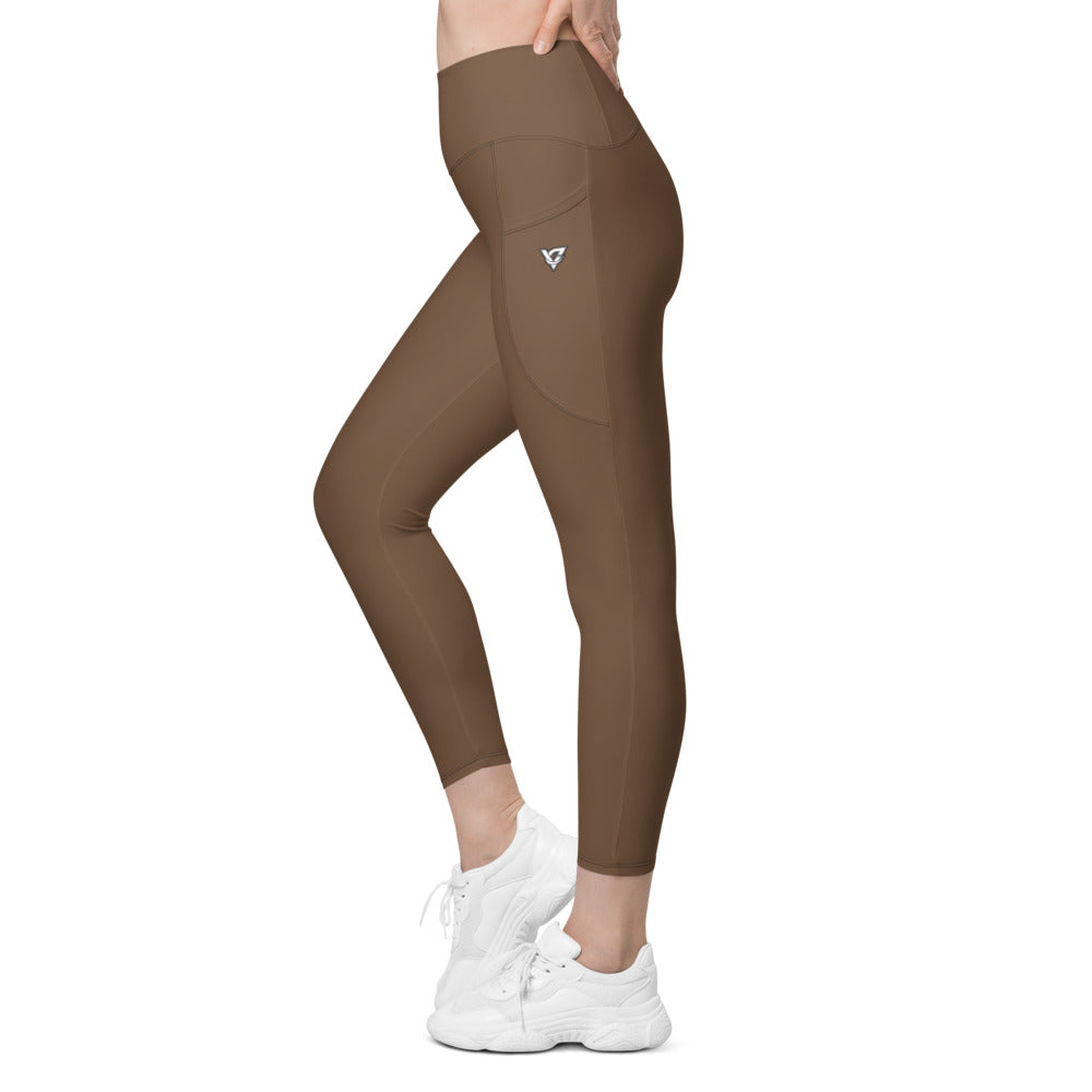 Mocha Brown Essential leggings with pockets, Printful supplier left side mockup