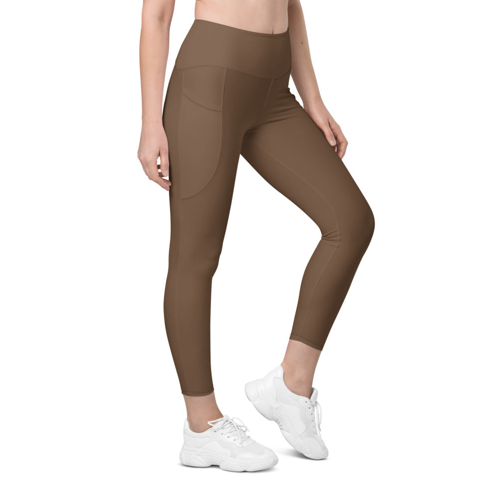 Mocha Brown Essential leggings with pockets, Printful supplier right side mockup