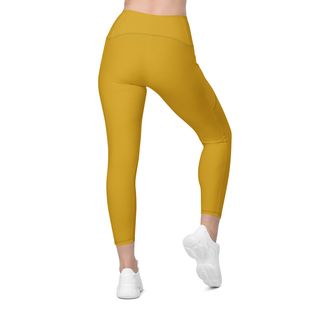 Mustard Gold Essential leggings with pockets, Printful supplier back mockup