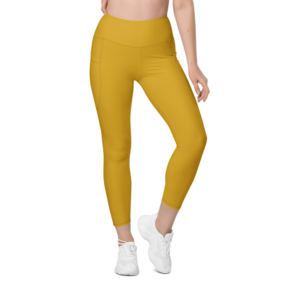 Mustard Gold Essential leggings with pockets, Printful supplier front mockup