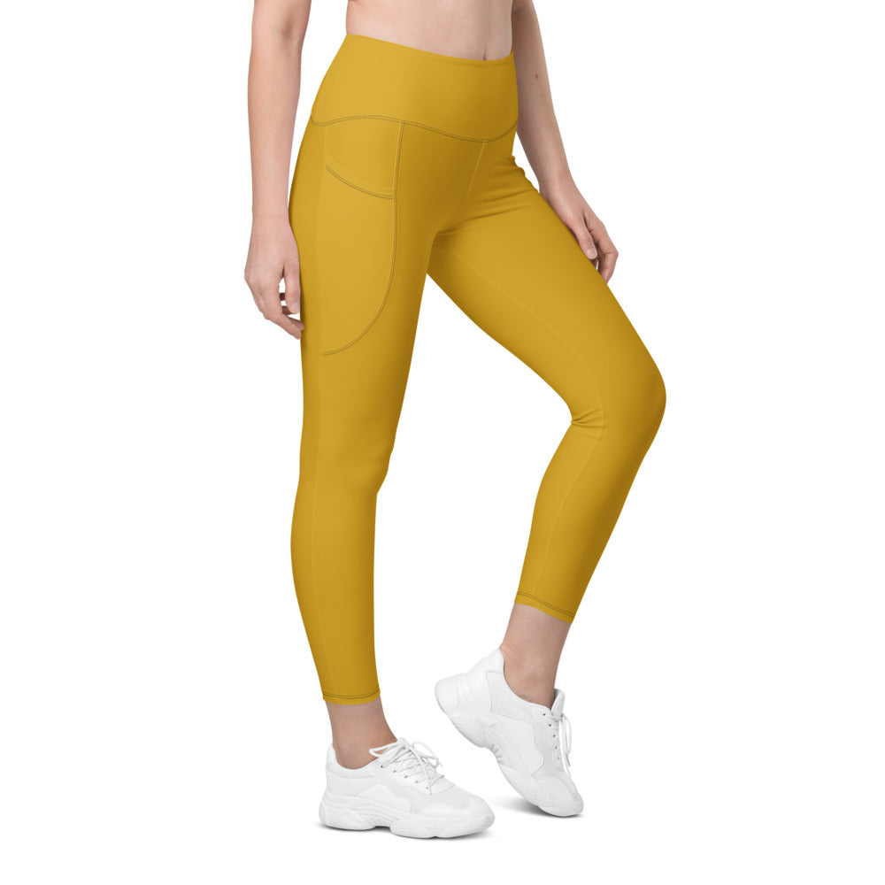 Mustard Gold Essential leggings with pockets, Printful supplier right side mockup