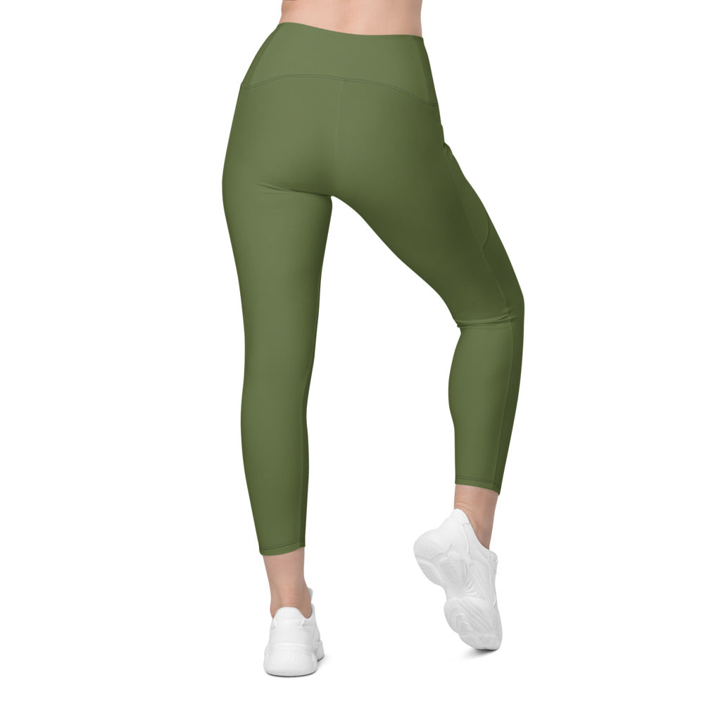 Olive Green Essential leggings with pockets, Printful supplier back mockup