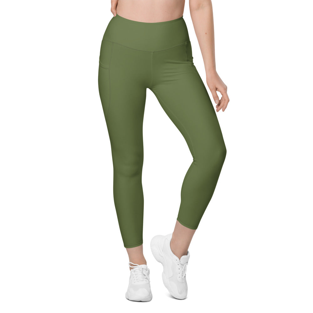 Olive Green Essential leggings with pockets, Printful supplier front mockup
