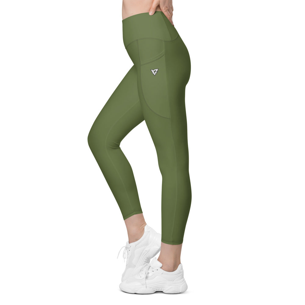 Olive Green Essential leggings with pockets, Printful supplier left side mockup