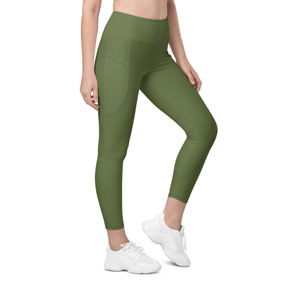 Olive Green Essential leggings with pockets, Printful supplier right side mockup