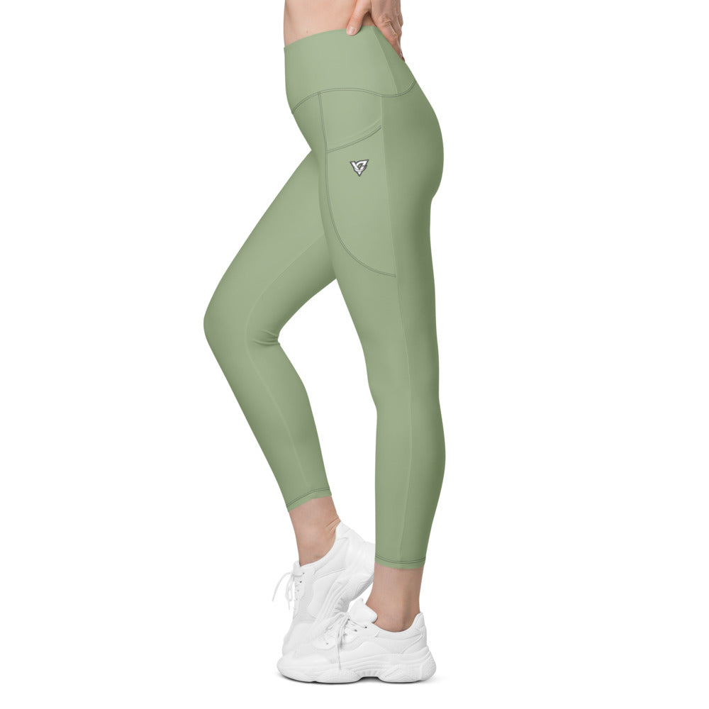 Sage Green Essential leggings with pockets, Printful supplier left side mockup