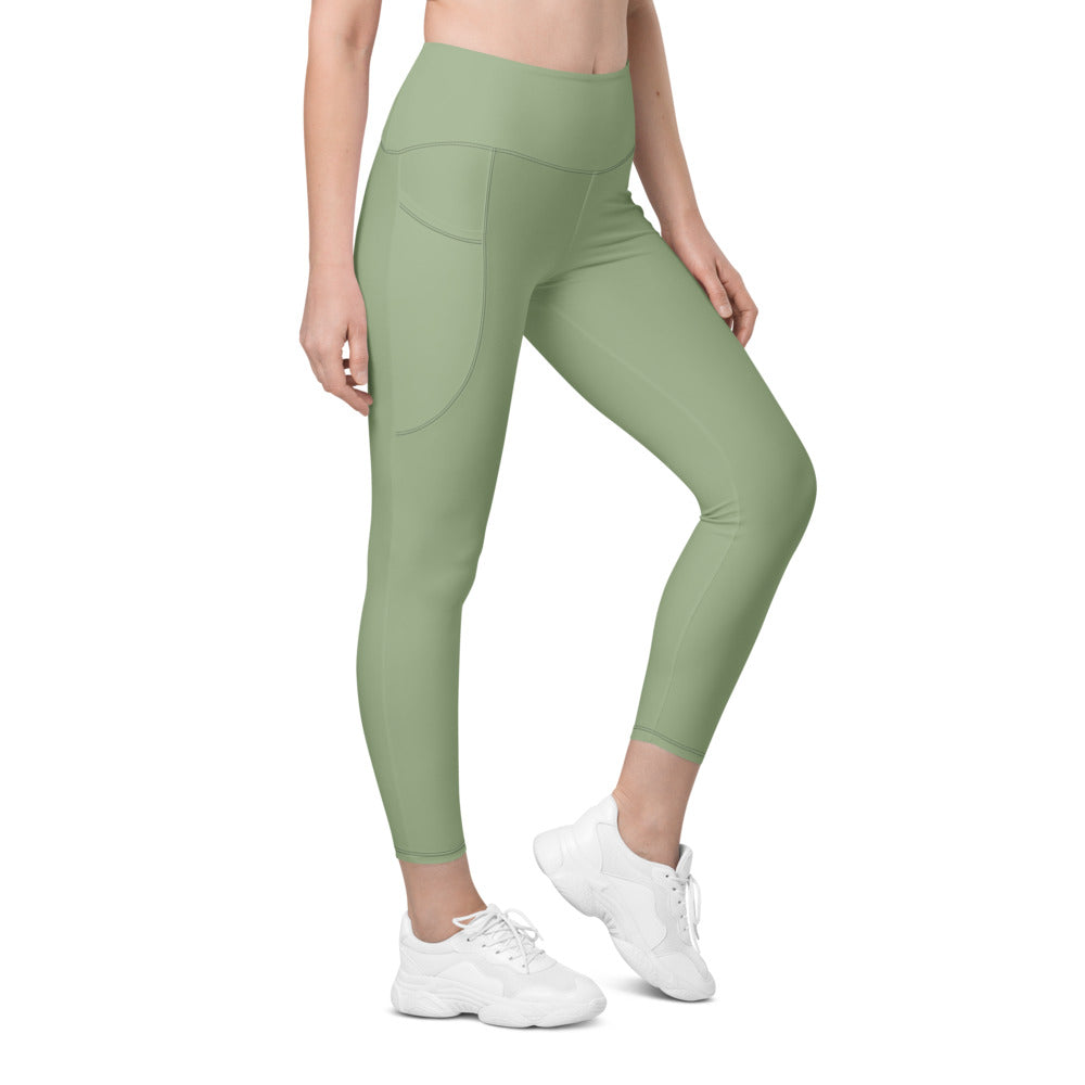 Sage Green Essential leggings with pockets, Printful supplier right side mockup