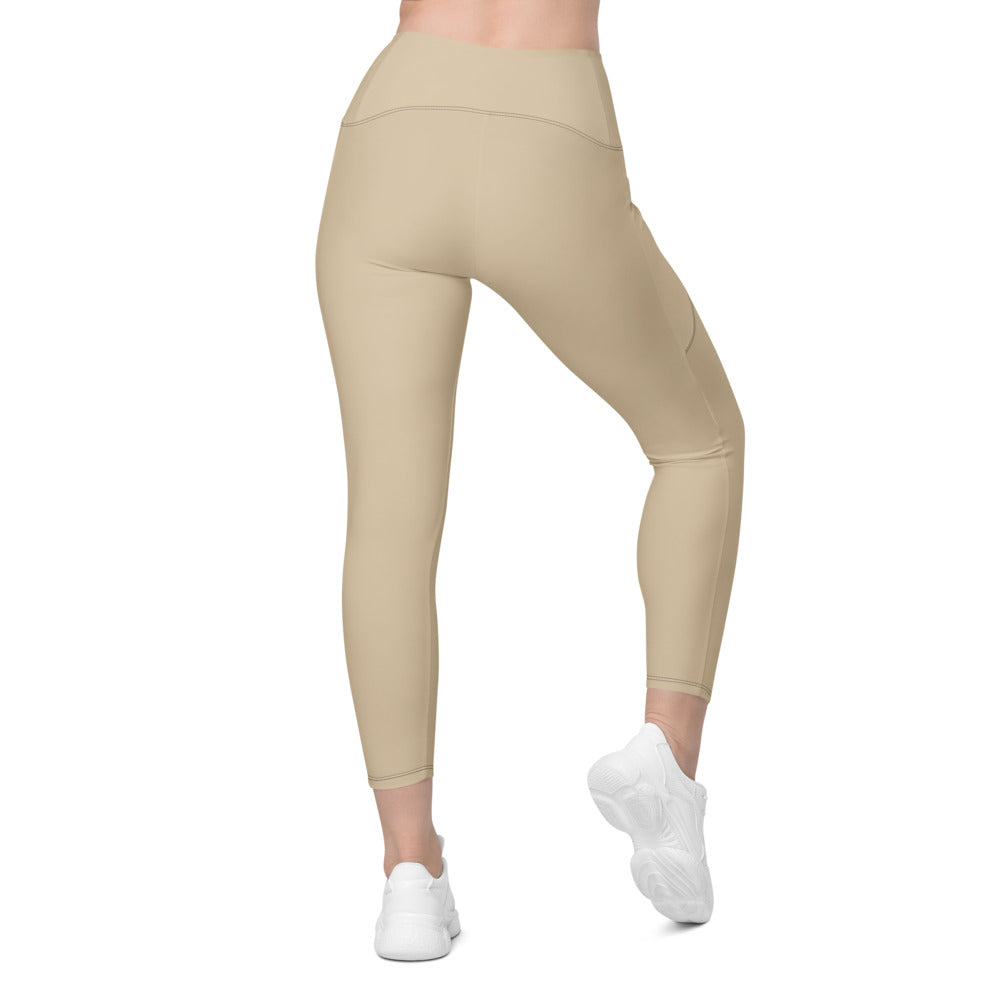 Sand Beige Essential leggings with pockets, Printful supplier back mockup