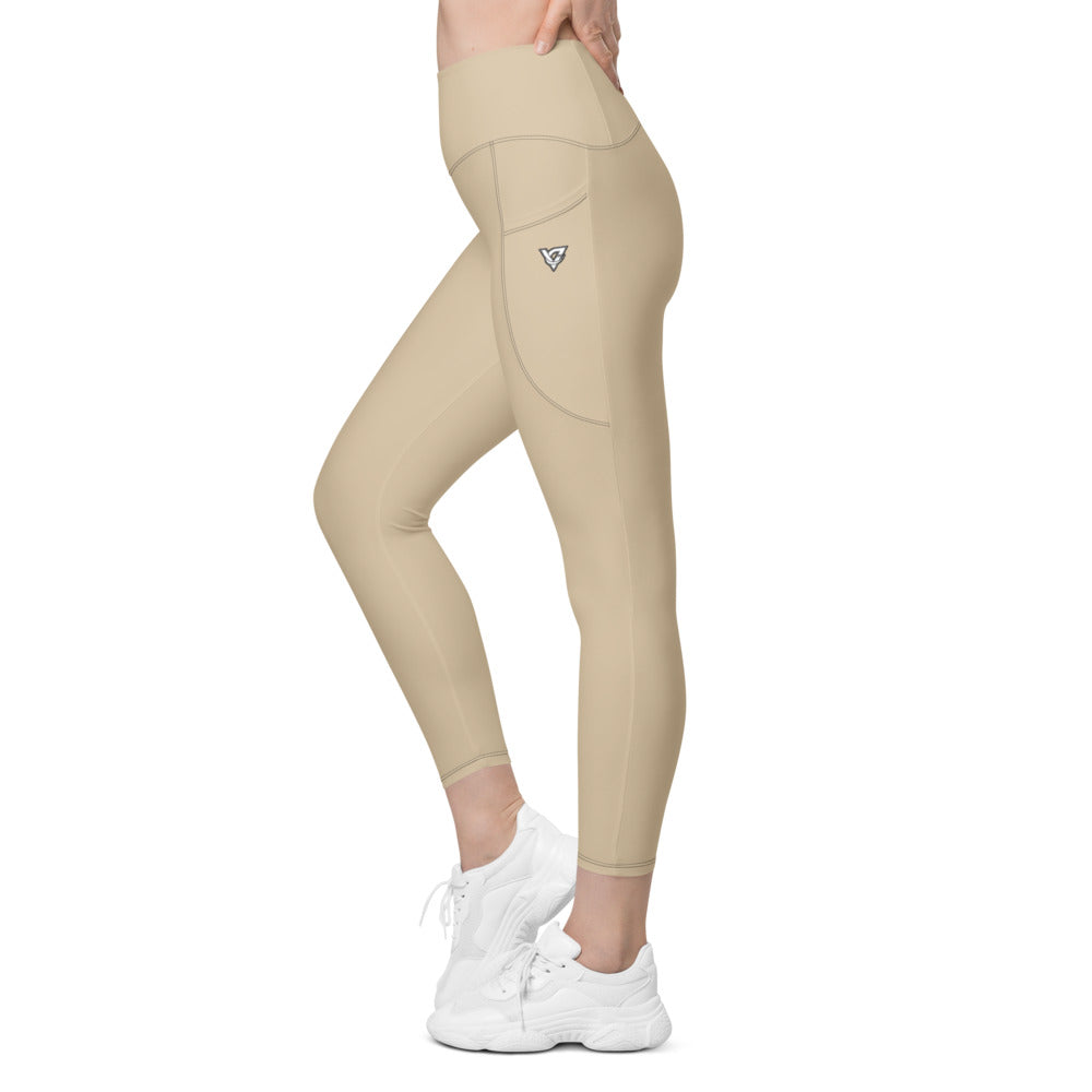 Sand Beige Essential leggings with pockets, Printful supplier left side mockup