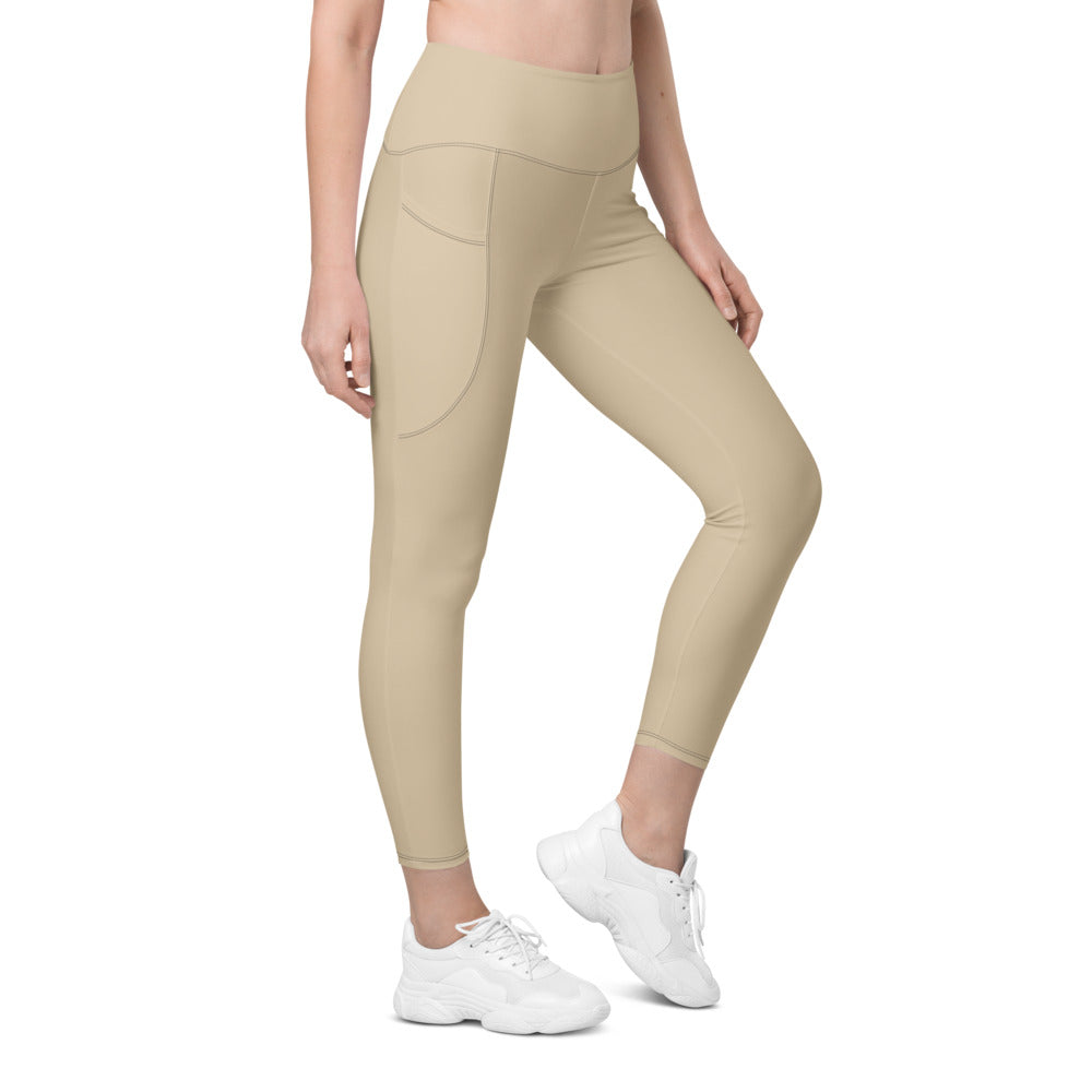 Sand Beige Essential leggings with pockets, Printful supplier right side mockup
