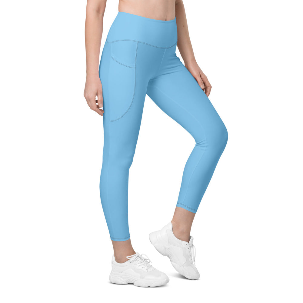 Sky Blue Essential leggings with pockets, Printful supplier right side mockup