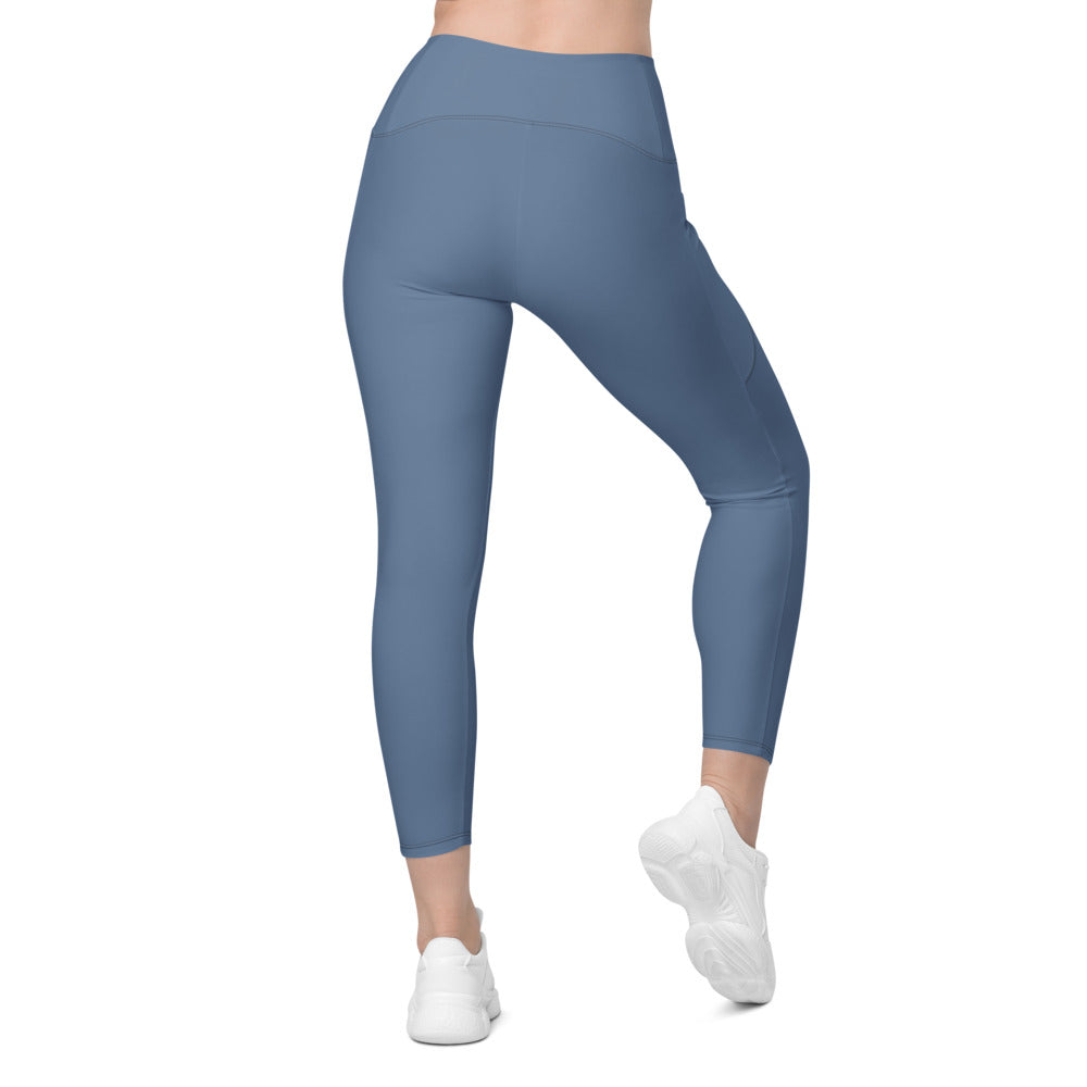 Slate Blue Essential leggings with pockets, Printful supplier back mockup