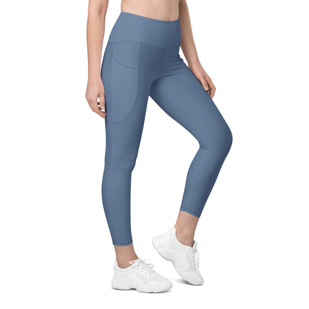 Slate Blue Essential leggings with pockets, Printful supplier right side mockup
