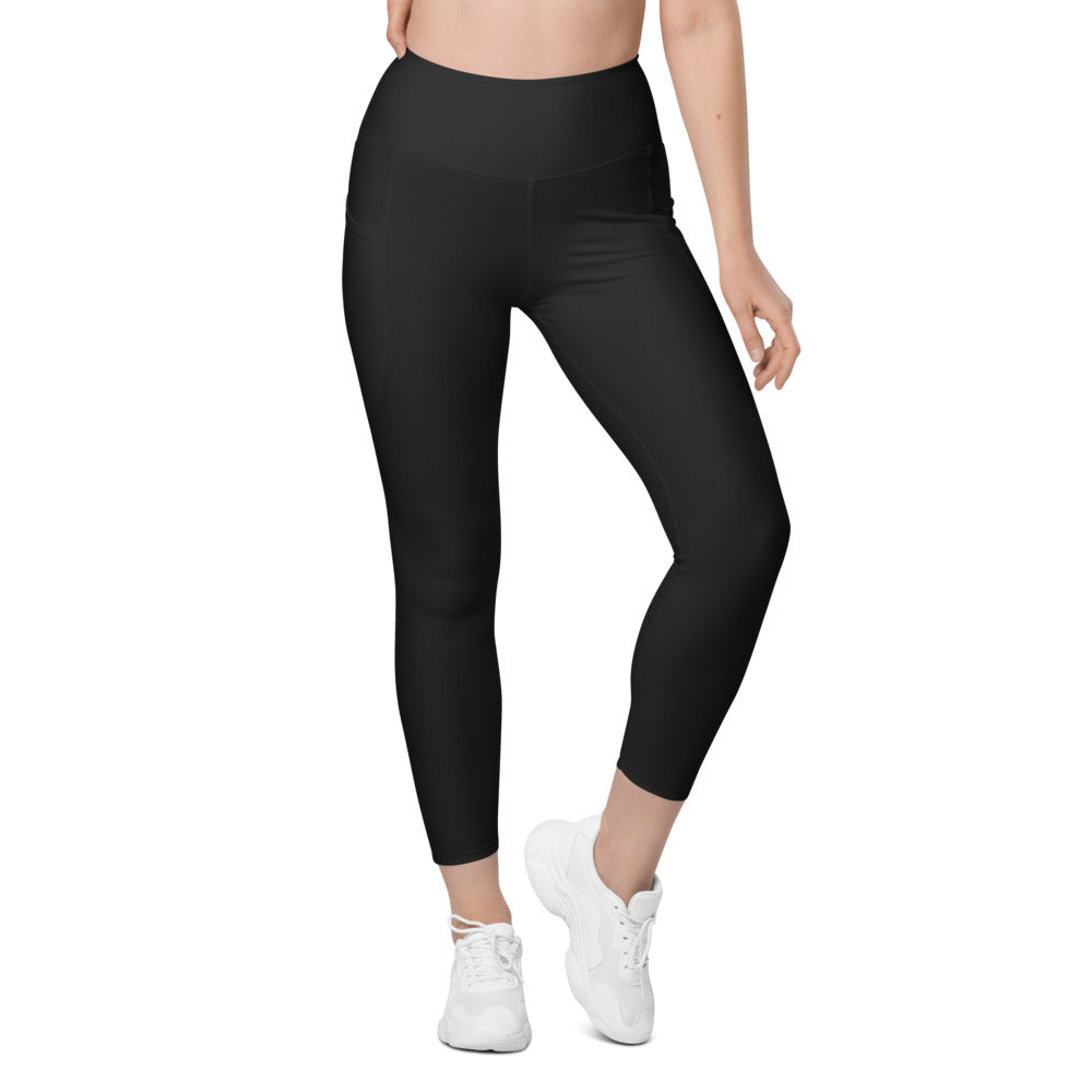 Stealth Black Essential leggings with pockets, Printful supplier front mockup