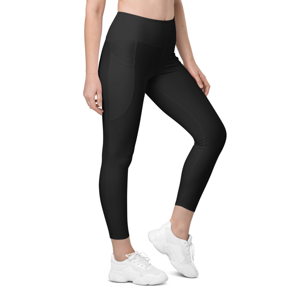 Stealth Black Essential leggings with pockets, Printful supplier right side mockup